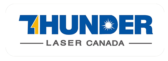 Thunder Laser Canada logo round white box with blue capital letter that say THUNDER with a mustard yellow lightning bolt integrated into the letter T. below in dark grey caps font says Laser Canada