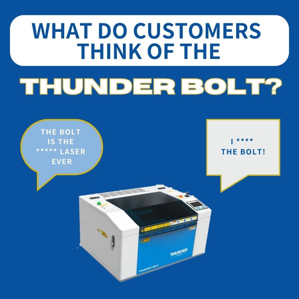 a banner says What do Customers think of the Thunder Bolt? theres an image of 2 speech bubbles and a product photo of the Thunder bolt laser cutter underneath. Thunder bolt laser reviews image.